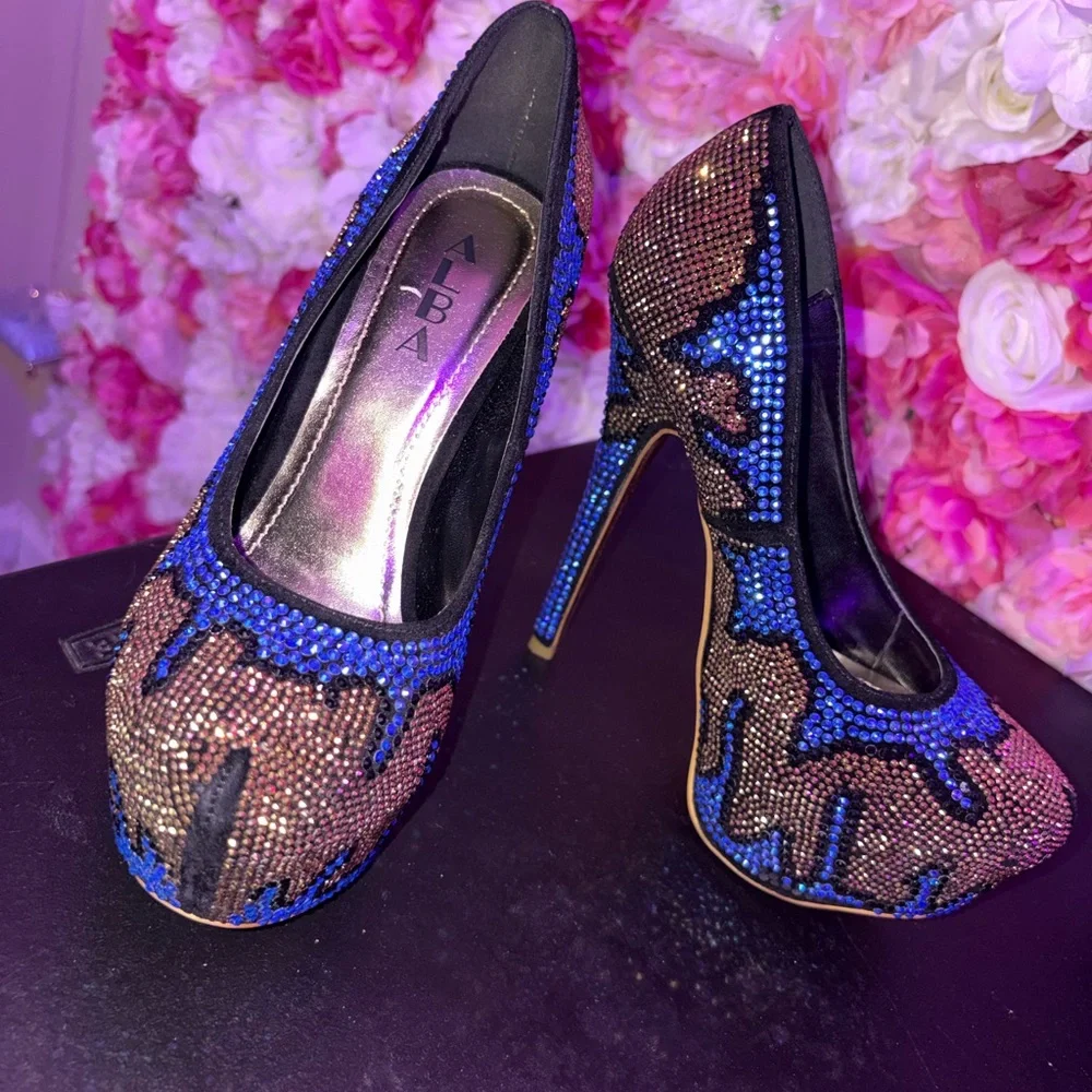ALBA Lola-8 Blue Bronze Rhinestone Platform Pumps Size 7.5 Evening Prom Heels